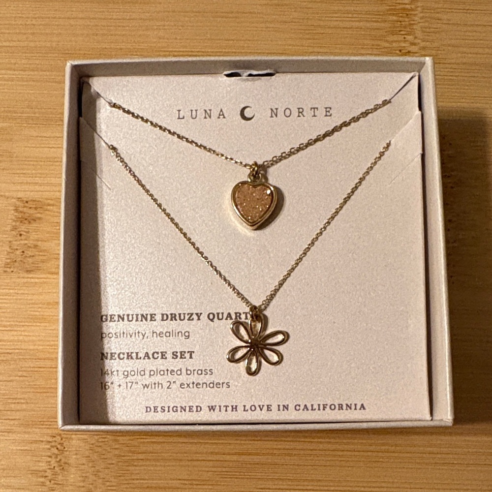 Luna Norte Gold Druzy Heart and Flower Necklace Set